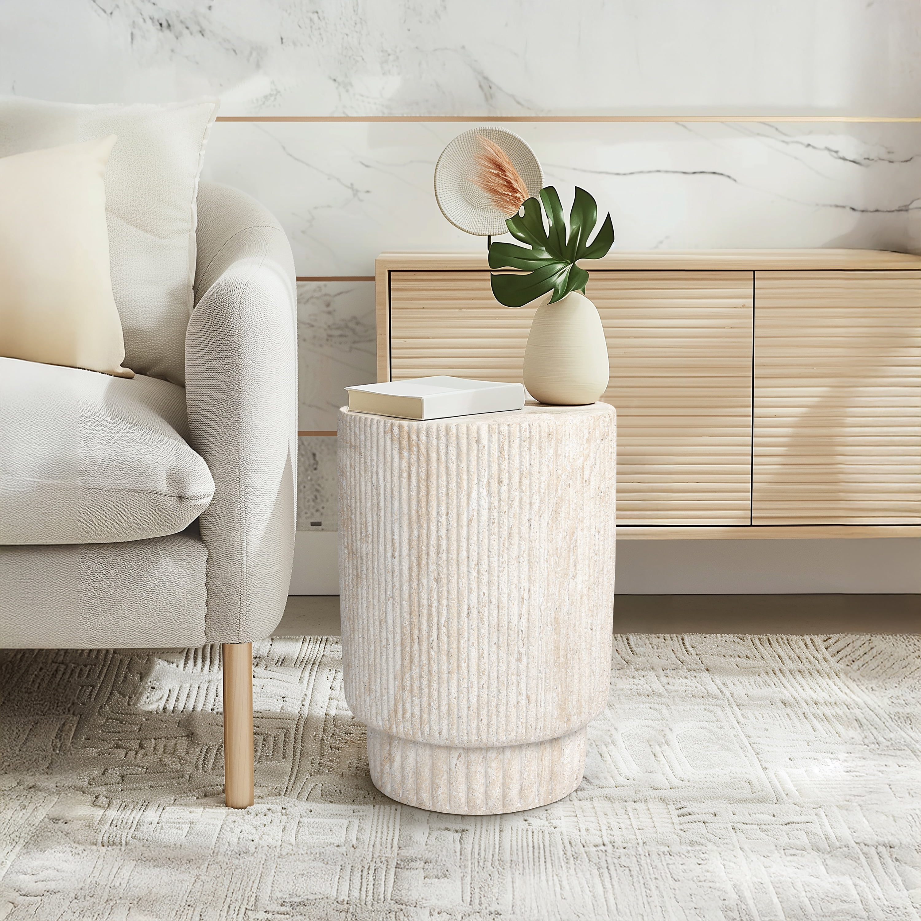 Column Travertine Stone Finish Italian Design MgO Side Accent Table