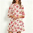 thumbnail image 4 of Fesfesfes Women's 3/4 Sleeve Ruffle Dress Round Neck Elastic Waist Tiered Mini Dress Casual Summer Work Vacation Abstract Print Short Dresses, 4 of 6