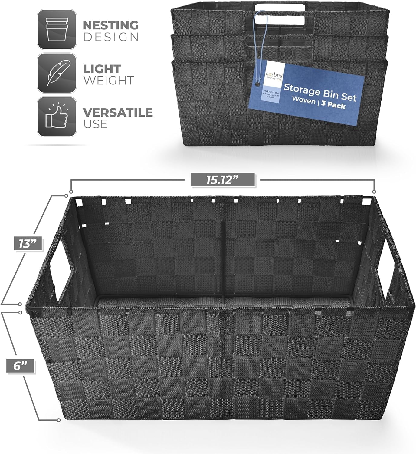 Sorbus Woven Basket Bin Set - Stackable Shelf Storage Tote Baskets with Built-in Carry Handles (Black)