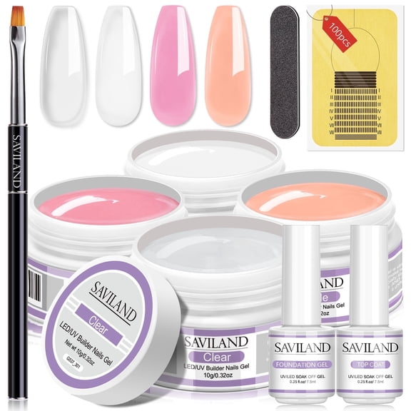 SSAVILAND Builder Nail Gel Kit: 4 Color U V Hard Gels Clear White Pink Nudes for Nail Extension Strengthening Sculpting and Building with 100 Nail Forms Brush Pen Base & Top Gels for Nail Art
