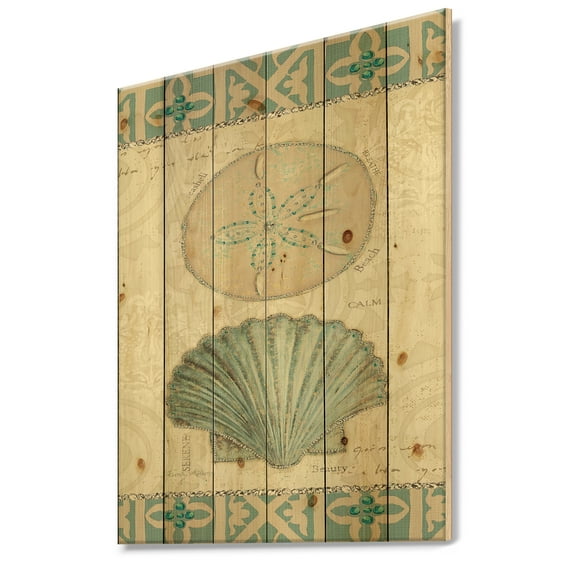 Designart 'Seastar and Blue Sea Shell II' Nautical & Coastal Print on Natural Pine Wood