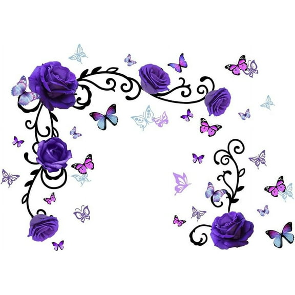 Purple Rose Butterfly Wall Decals Flowering Vine Stickers MuralsPurple Flowers Wall Decor for Bedroom Office Bathroom Living Room Girl's Room Decor Wall Decals Removable Wall Art Decoration Colorful