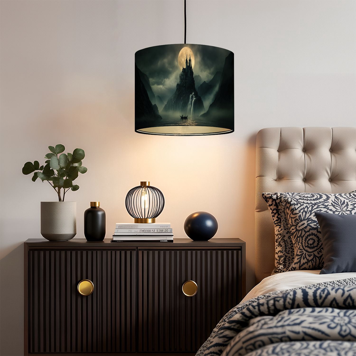 Gothic Linen Drum Lampshades Mystical Castle Rocky Island Moonlight Dark Clouds Waterfalls 13"x13"x10" Light Shade for Table Lamps Floor Lamp Shades Lampshade Replacement Assembly Required