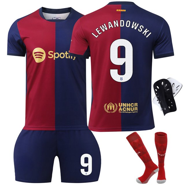 GZSL 2425 Barcelona Home Football Training Kit, Number # 9 Soccer Jersey, Colorful Short-Sleeve Adult Football Jersey with White Lettering and Small Logo Four-Piece Set/S