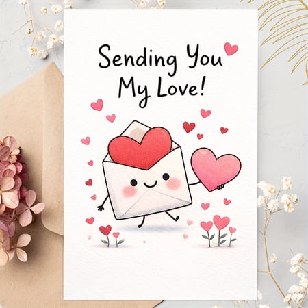Cute Valentine s Day Card – Sending You My Love! Adorable Design with Hearts – Envelope Included Blank Inside – Perfect Gift for Loved Ones and Special Occasions