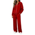 thumbnail image 4 of Women 2 Piece Outfit Set Solid Color Zip up Collared Long Sleeve Top Elastic Waist Wide Leg Pants Loose Casual Tracksuit Loungewear Set with Pockets Red, 4 of 8