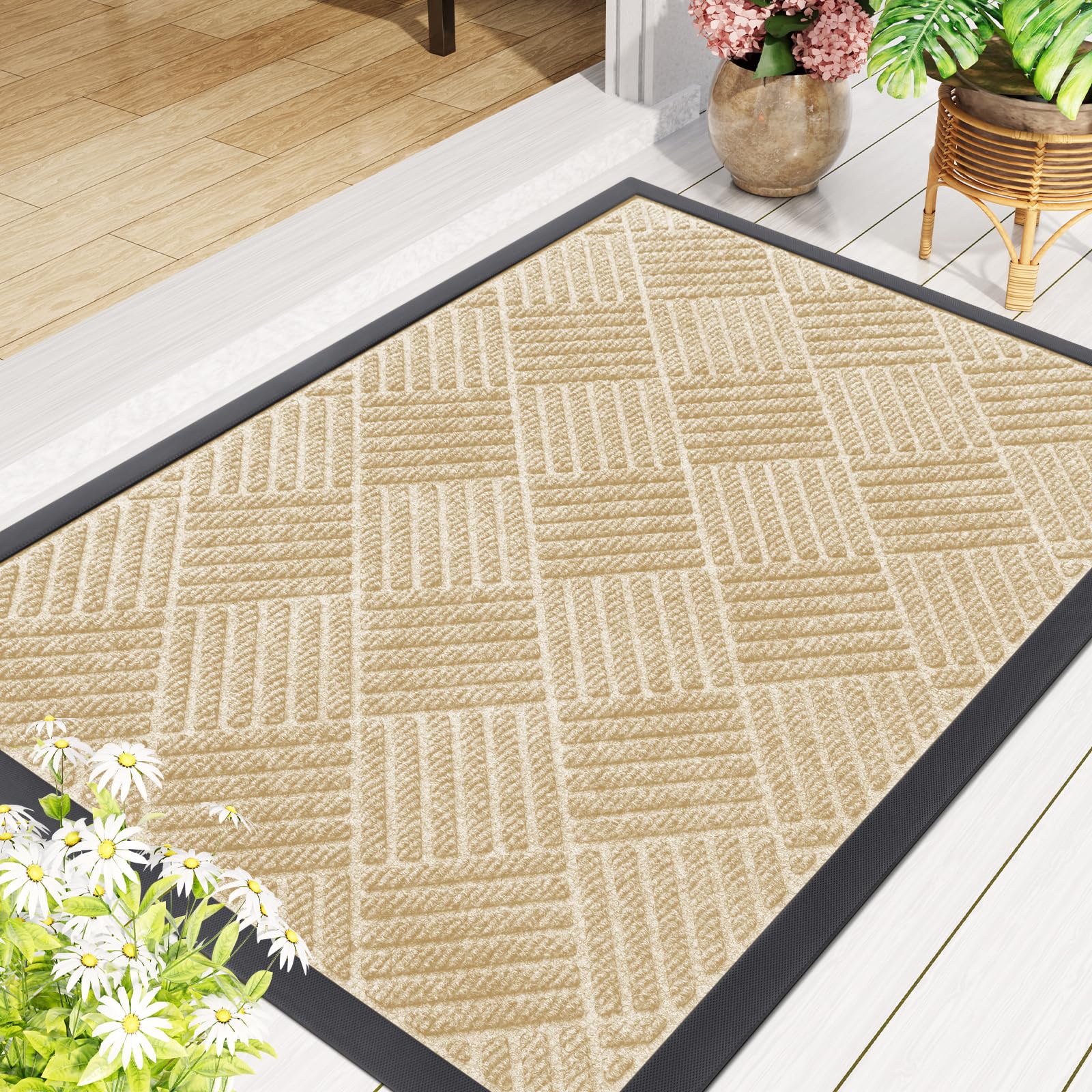 Smiry Front Door Mats For Inside, Low Profile Heavy Duty Outdoor Doormats, Non Slip Dirt Trapper Entryway Mat, 35x23, Beige