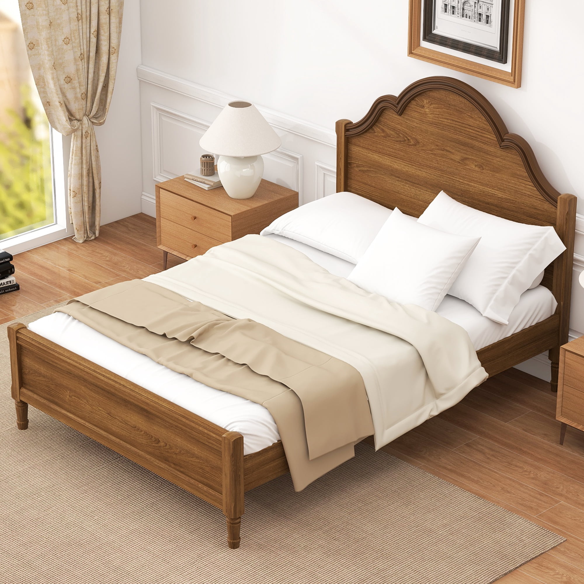 Euroco Wood Full Size Platform Bed with Headboard, No Spring Box Needed, Walnut