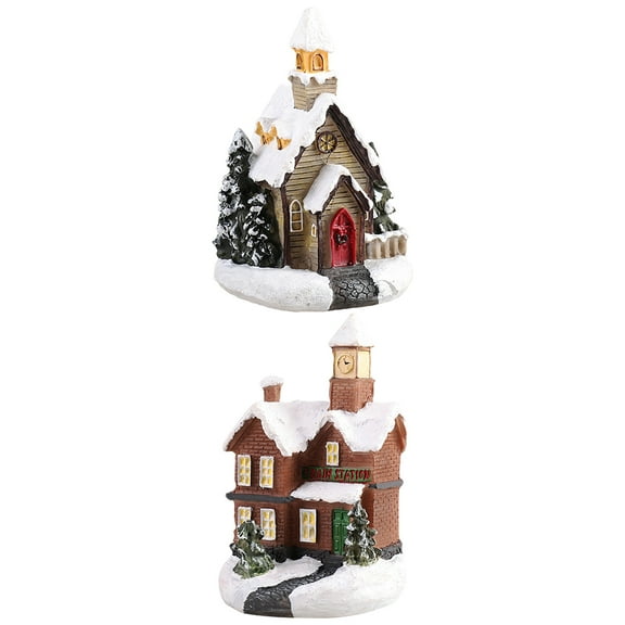 2 Pcs Christmas Decoration House Mini Dollhouse Christmas Resin Village LED Xmas House Winter Indoor Home Decor Cute Figurines Table Decorations Landscape for Kids Festive Gift 2.56x2.56x3.94Inch