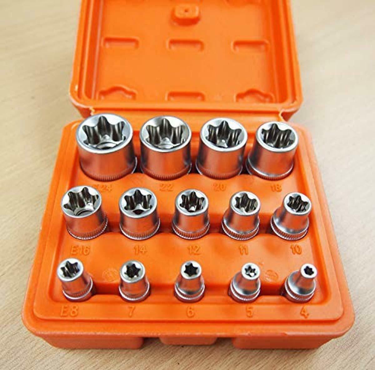 14 PC E Torx Star Female Bit Socket Set 1/2"/3/8"/1/4" Drive E4 E24