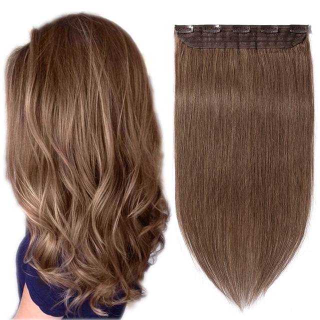 Extensions de Cheveux à Clip en Cheveux Humains 100 % 15 Couleurs Peuvent Être Teintes Bouclées Lavées 1 Pce/5 Clips Brun Clair 18”-50 g