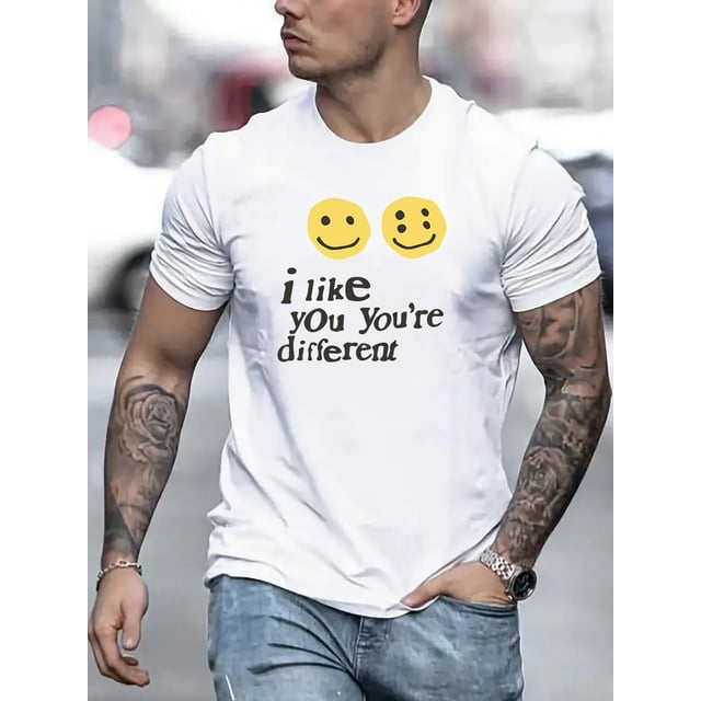 I Like You, You're Different Letter Print Men's Short Sleeve Crew Neck T-Shirts, Comfy Breathable Casual Elastic Tops, Men's Clothing