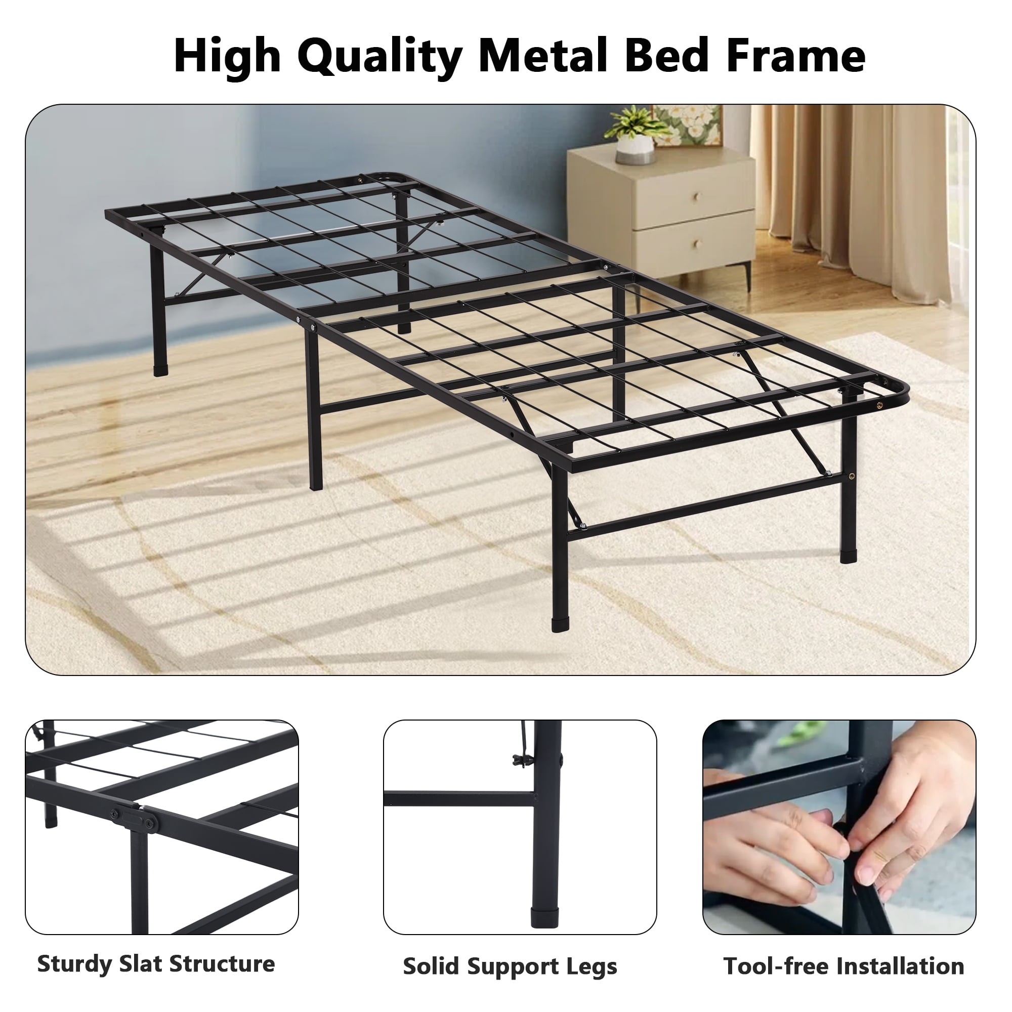 YRLLENSDAN Foldable Bed Frame Twin Bed Frames Twin Platform Bed Frame Twin Metal Bed Frame with Storage Noise Free 500LBS Capacity
