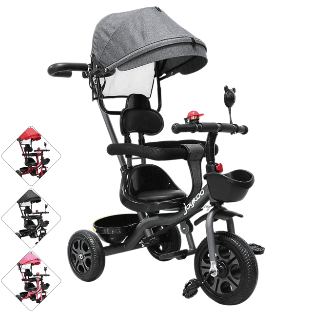 Triciclo Infantil con Toldo Protector y Bastón Dirigible Asiento Acolchado Barras de Seguridad Timbre para Niños 2 Años - Gris