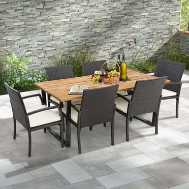 Costway 7 PCS Patio Rattan Dining Set Acacia Wood Table 6 Wicker Chairs with Umbrella Hole