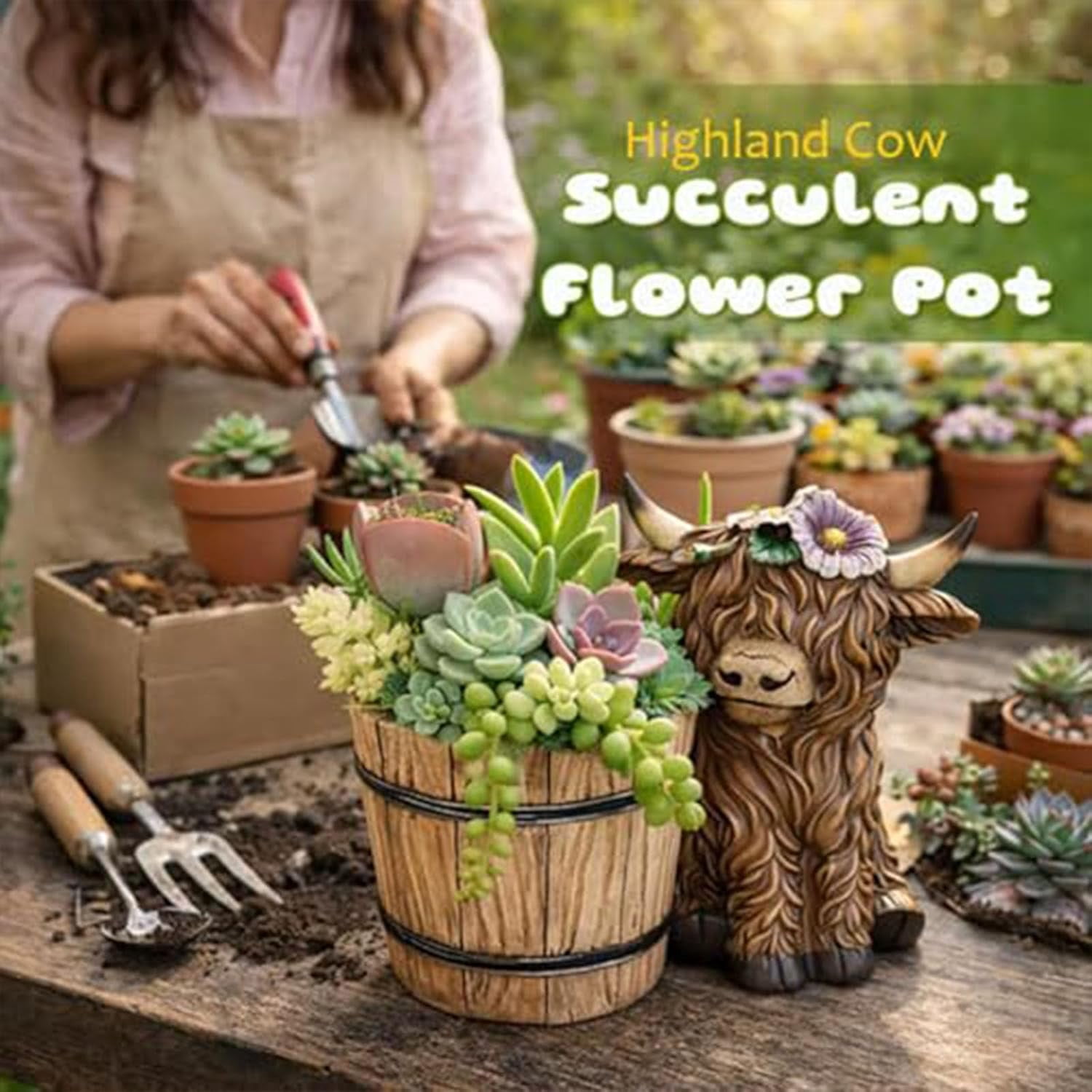 Highland Cow Succulent Planter Pot with Drainage Hole, Cute Resin Wooden Barrel Plant Container for Farmhouse Decor, Gardening Gift for Animal Lovers (1 or 2 Pack)