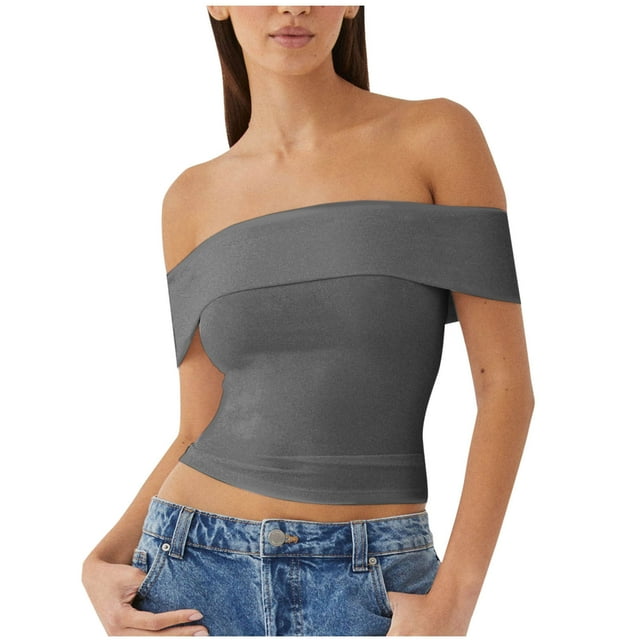 Dealovy Going out Tops for Women off Shoulder Crop Tops Short Sleeve Solid Color Stretchy Slim Fitted Basic Tees