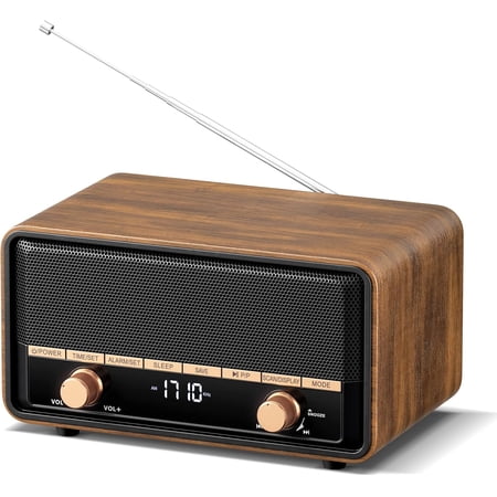 Vintage Wooden AM FM Radio with Bluetooth, Digital Clock Radio for Bedroom with 80 Station Presets, Tap to Snooze, Sleep Timer, Clear LCD Display for Home Office (Deep Walnut)
