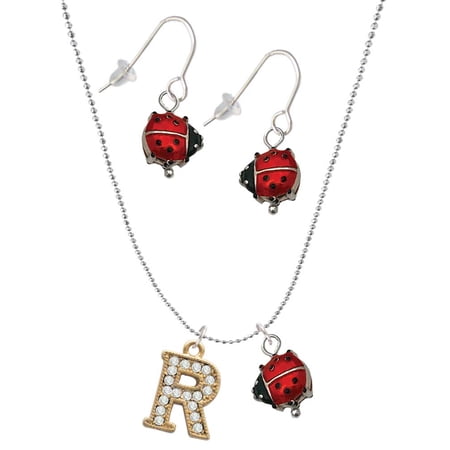 Delight Jewelry Goldtone Crystal Initial – R – Red Lucky Ladybug Necklace and Dangle Earrings Set