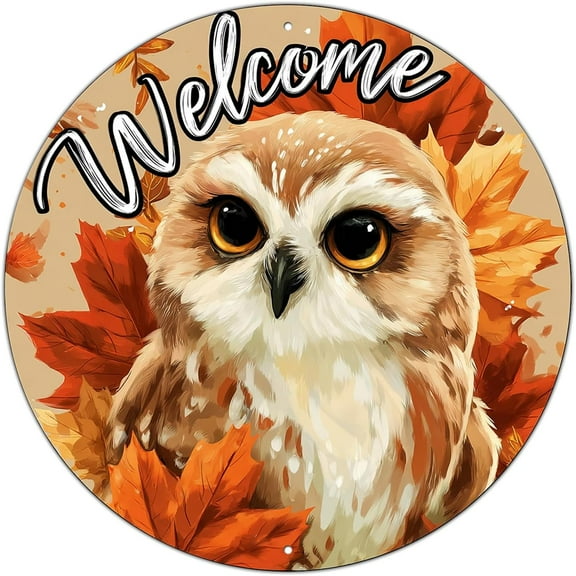 Round Fall Welcome Pumpkins Wreath Sign Thanksgiving Pumpkin Metal Tin Sign for Home Livingroom Coffee Bar Farmhouse Idyllic Wall Art Decor 8x8inch