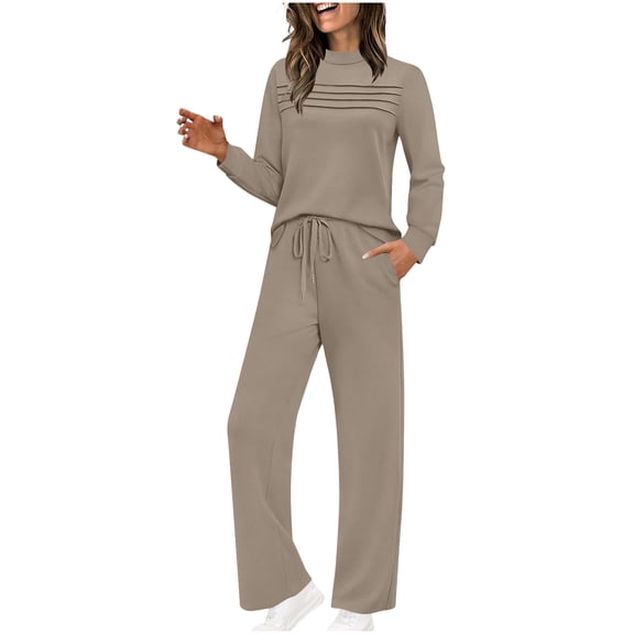 fheaev Long Sleeve 2pcs Sets for Women Wide Leg Pants Solid Color Comfortable Round Neck Top Sweatshirts Loose Trousers Matching Outfits Sweat Sets Tracksuit for Travel Vacation