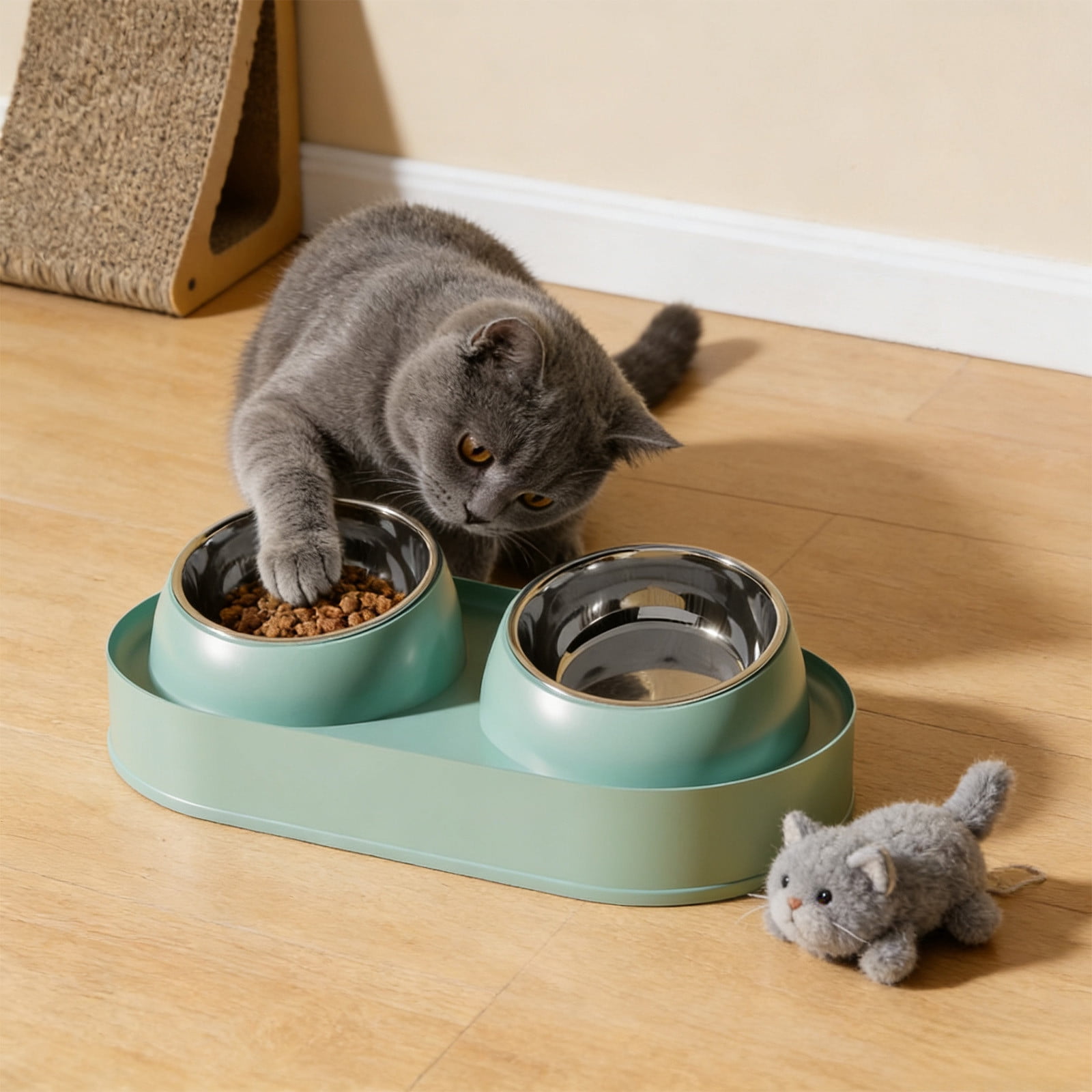 Stainless Steel Double Cat Bowl, Tilted Elevated Food and Water Dish, Ergonomic Non-Slip Feeder for Cats and Kittens, Easy Clean Large Capacity Pet Bowl in Mint Green