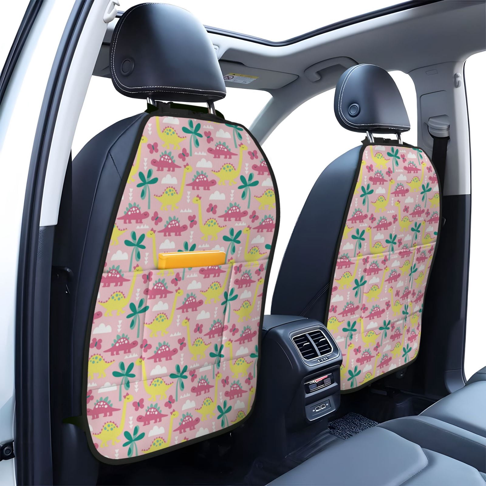 Kdxio Dinosaur Print 2 Pack Car Kick Mat Seat Cover Back Protector Mat with Pockets for Organizer Backseat Protector and Storage Anti Kick Pad for Vehicles