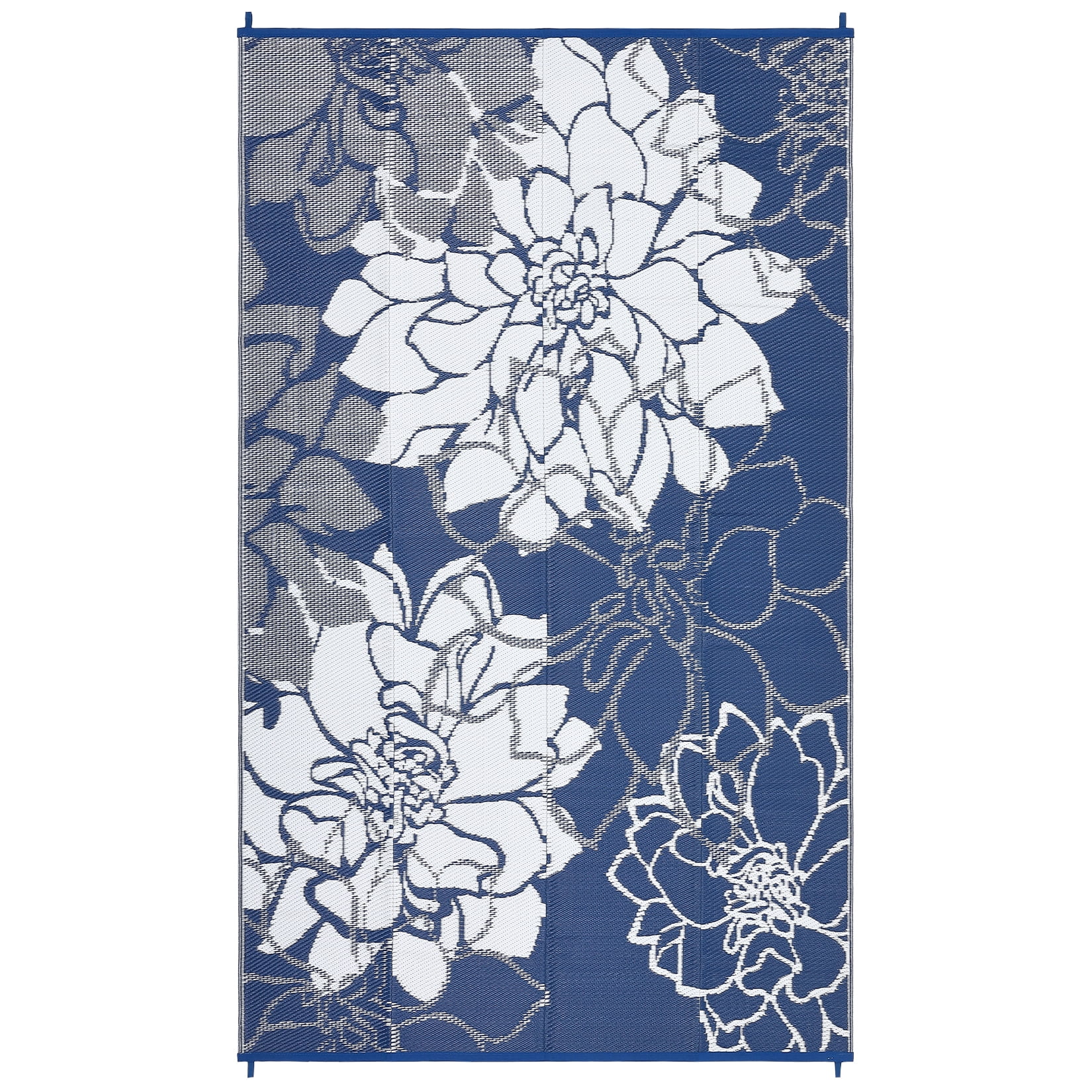 GlowSol 9'x18' Outdoor Rug Plastic Straw Rug Modern Floral Reversible Camping Mat Waterproof Foldable Rug for Camping Patio RV Balcony, Dark Blue/White