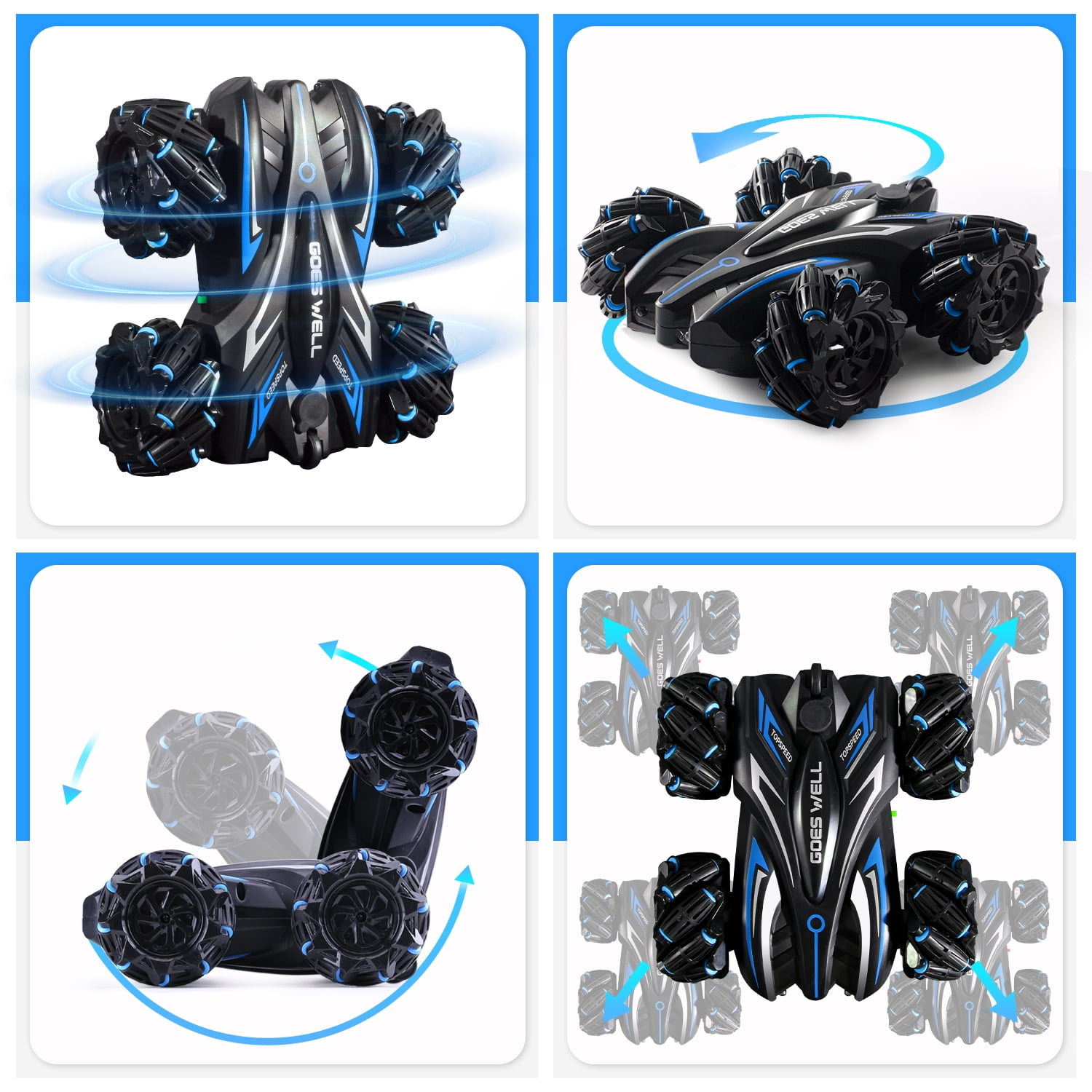 Quntis RC Stunt Car, 2.4GHz Hand Controlled Remote Car for boys 8-12, 360°Spins Gesture Sensing RC Stunt Car Double Sided with Spray Lights Music for Christmas Gift Birthday Party, Blue