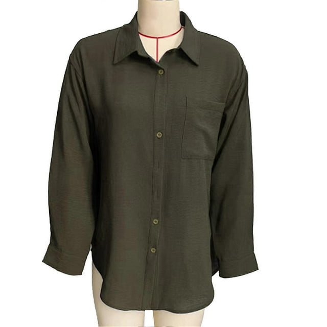 Women Long Sleeve Turn Down Collar Shirt Pure Color Button Up Chest Pocket Business Blouse OD Green 2XL