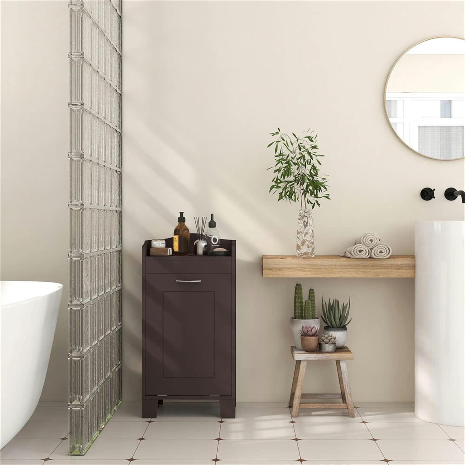 Demi Bonn 31" Bathroom Storage Cabinet with Tilt-Out Trash, Laundry Cabinet with Tilt Out Laundry Basket for Kitchen, Living Room, Brown