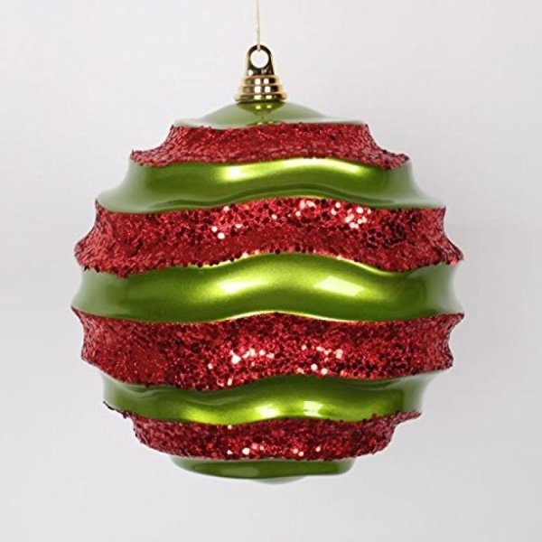 Vickerman 10'' Lime-Red Candy with Glitter Wave Ball Christmas Ornament