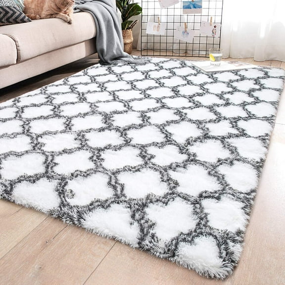 Area Rug Modern White Soft Hand Carved Contemporary Floor Carpet with Premium Fluffy Texture for Indoor Living Dining Room and Bedroom Area