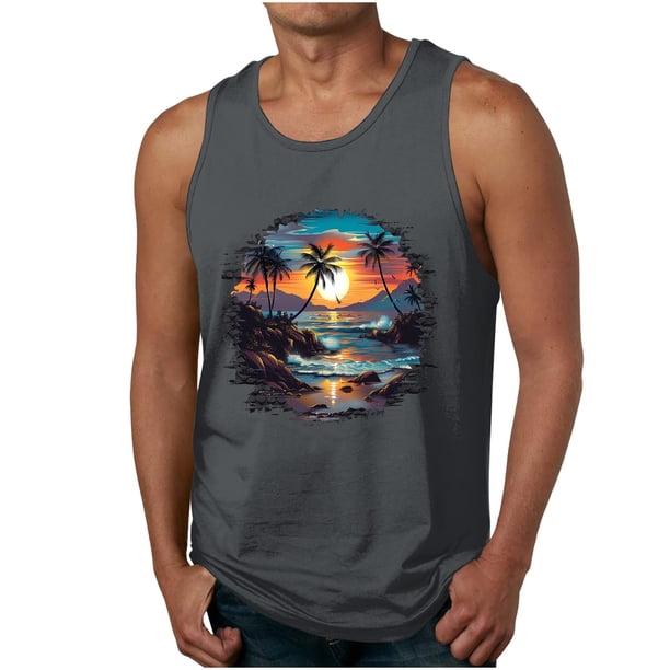 Casual Tops de Verano de la Moda de los Hombres sin Mangas Impreso Cuello Redondo, Camisa Ligera Y Cómoda para Diario