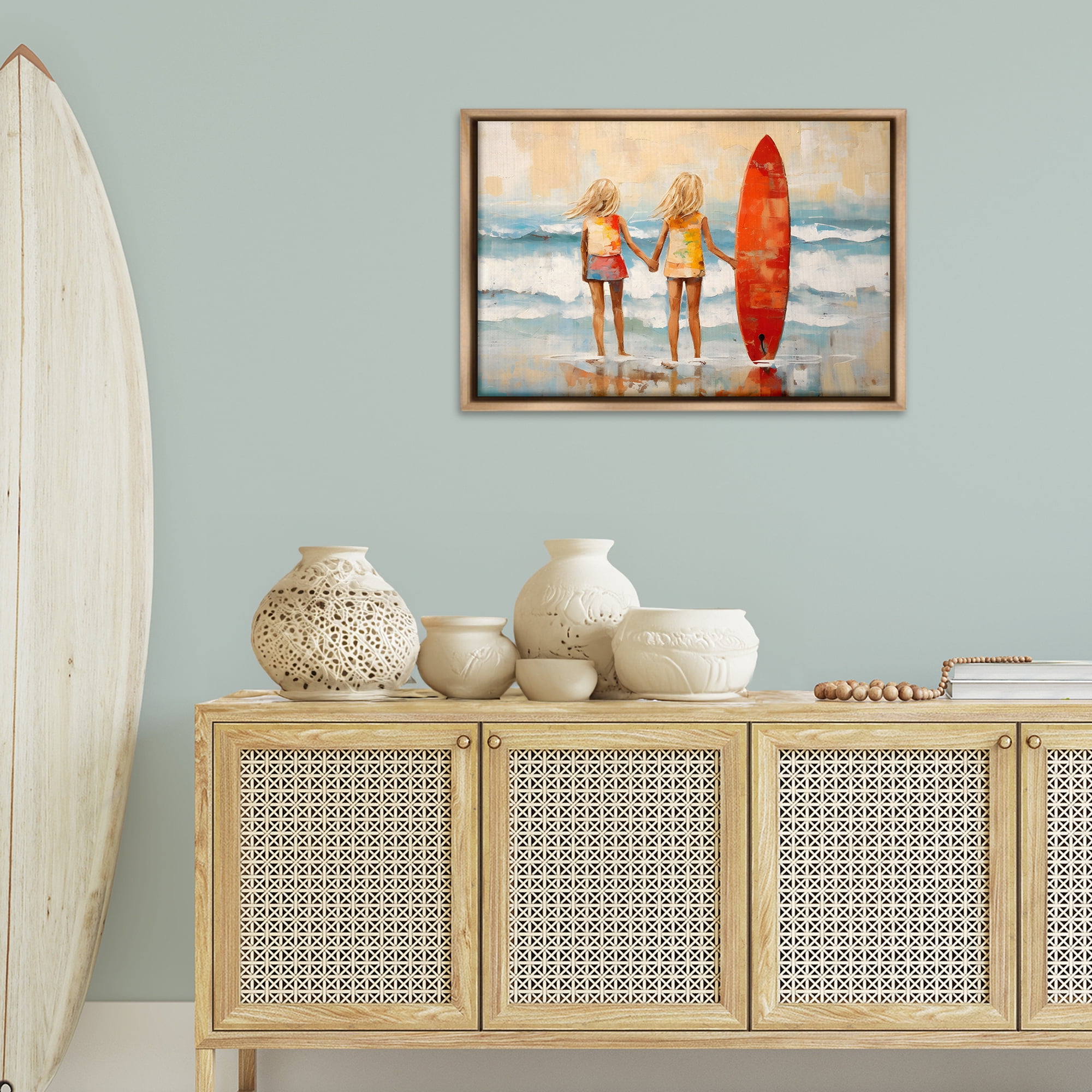 Stupell Industries Kids & Beach Surfboard People Painting Brown Floater Framed Canvas Art Print Wall Art, 31 x 21