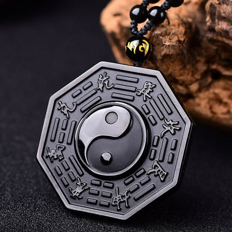 Nature Black Obsidian Yin Yang Bagua Pendant with Necklace for Men