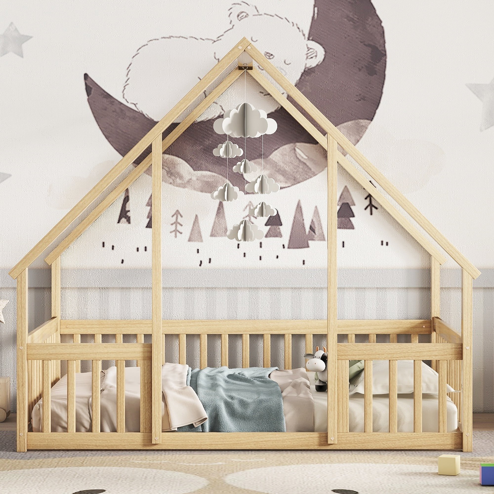 Miniyam Wood Full Size House-Shaped Floor Bed with Guardrails for Kids, Natural