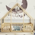 thumbnail image 2 of Miniyam Wood Full Size House-Shaped Floor Bed with Guardrails for Kids, Natural, 2 of 7