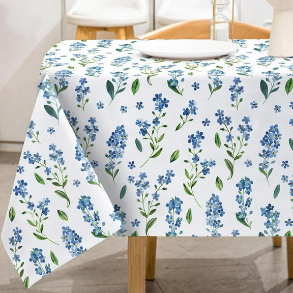 Blue Floral Tablecloth Rectangle Watercolor Flower Fabric Table Cloth Washable Forget-Me-Not Myosotis Sylvatica Table Cover for Picnic Home Kitchen Dining Table Decoration, 60 x 102 Inch