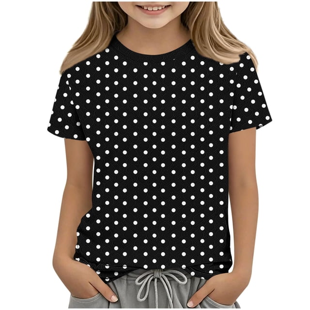 Zpanxa T Shirts for Girls Solid Color Round Neck Loose Fit Print Pattern Top Polyester Spandex 11 Years