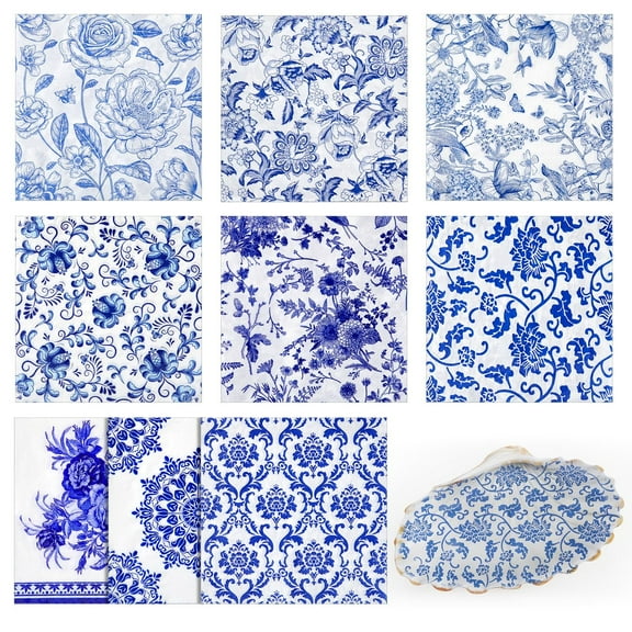 Decoupage Napkins 36 Pack, 9 Styles Blue and White Floral Chinoiserie Patterns, for DIY Crafting, Birthday Party Decor, Table Setting, Gift Wrapping, Photo Frames, Home Decoration