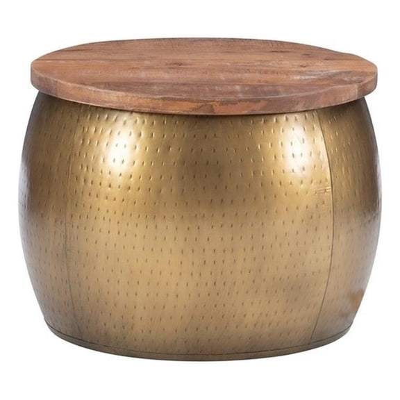 Allora Reid 23" Distressed Drum Table with Natural Wood Lift Top for Storage, Modern Large Metal Accent Side Table in Gold, Antique Coffee Table and Nightstand for Living Room and Bedroom