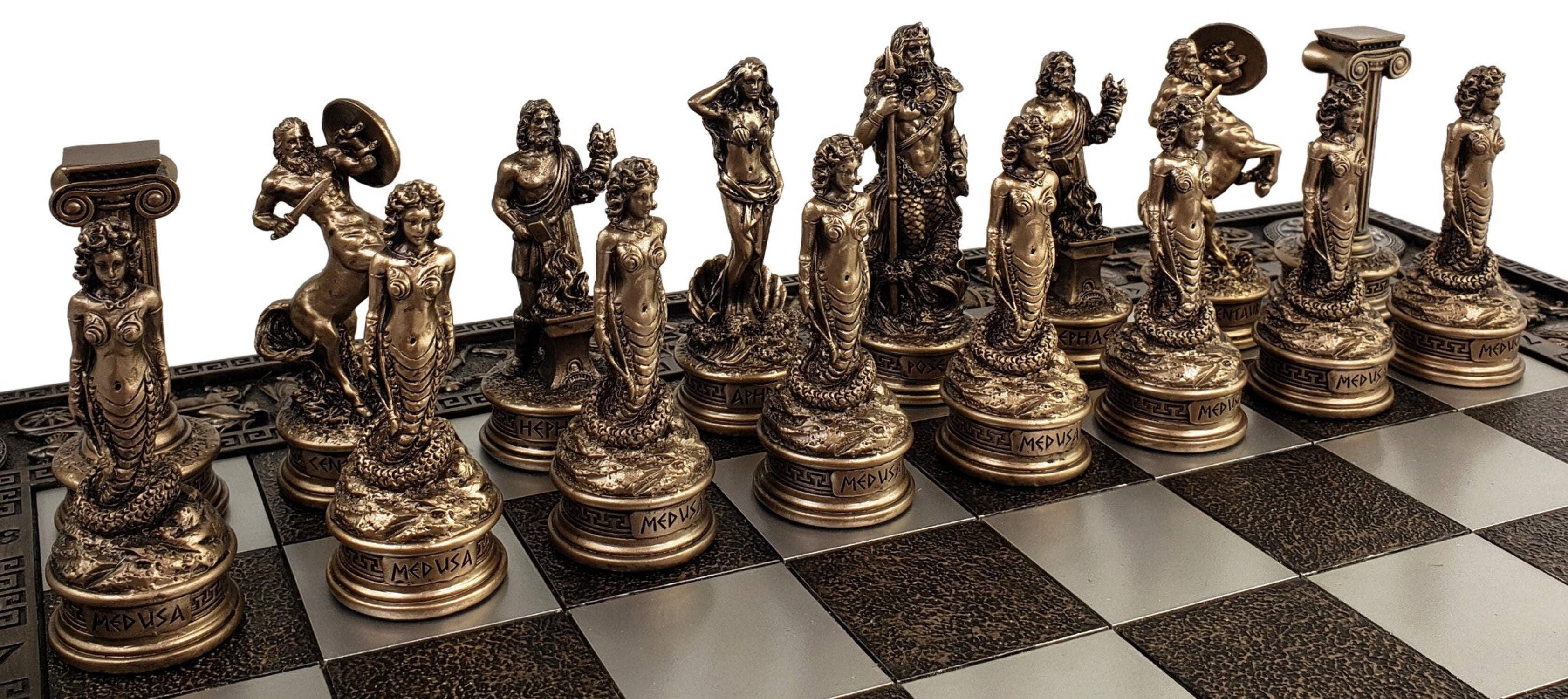 Greek Mythology Olympus Gods Chess Set Pewter  Bronze Color W 17" Greek Board