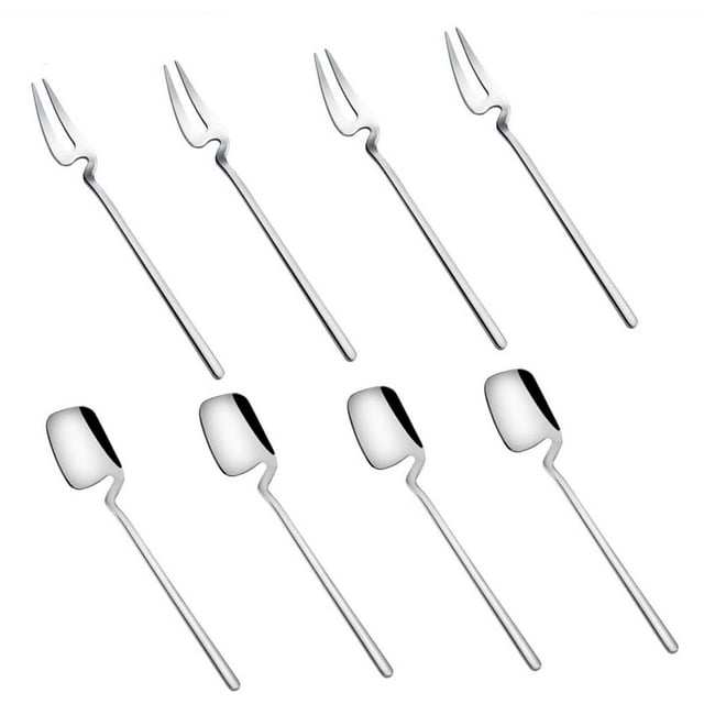 18/8 Stainless Steel Modern Thicken 5.5-Inch Silver Mini Fruit Appetizer Forks and Dessert Spoons Set (4 Forks + 4 Spoons)