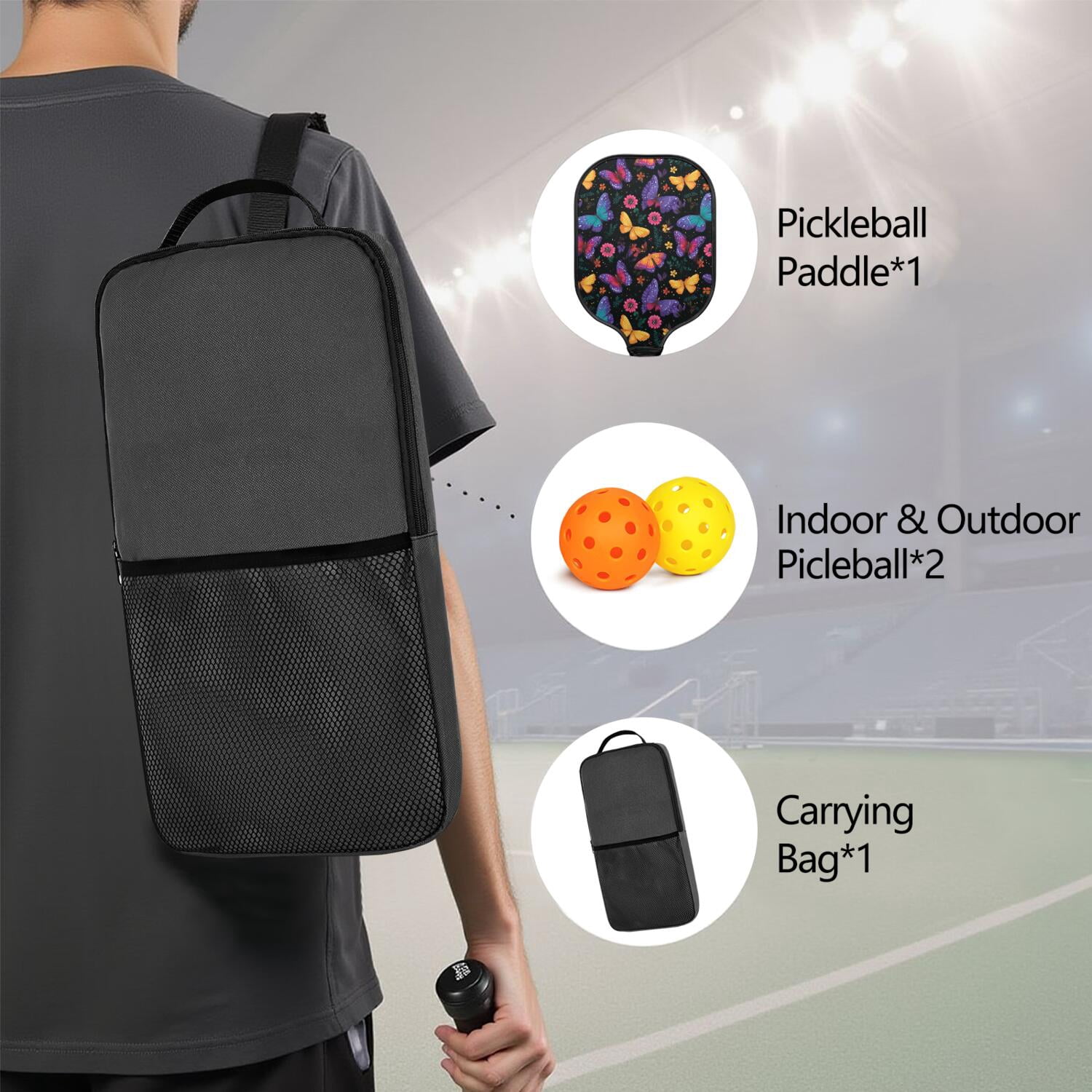 Pickleball Paddles Set Of 1, Fiberglass Surface, Butterfly Print, 1 Paddle, 2 Balls & Bag