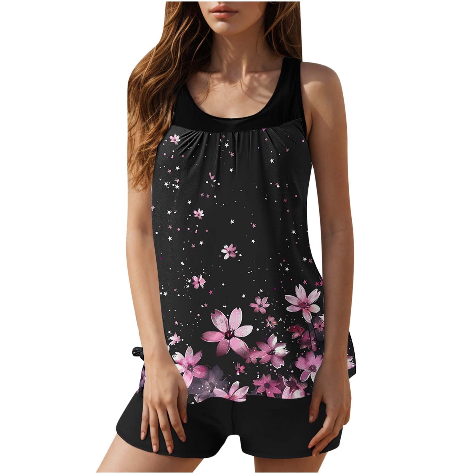 Jsaierl 2 Piece Tankini Bathing Suits for Women Blouson Swim Tops Summer Print Swimwear Loose Fit Cute Tankini Tops with Swim Shorts Tankini Swimsuits Plus Size