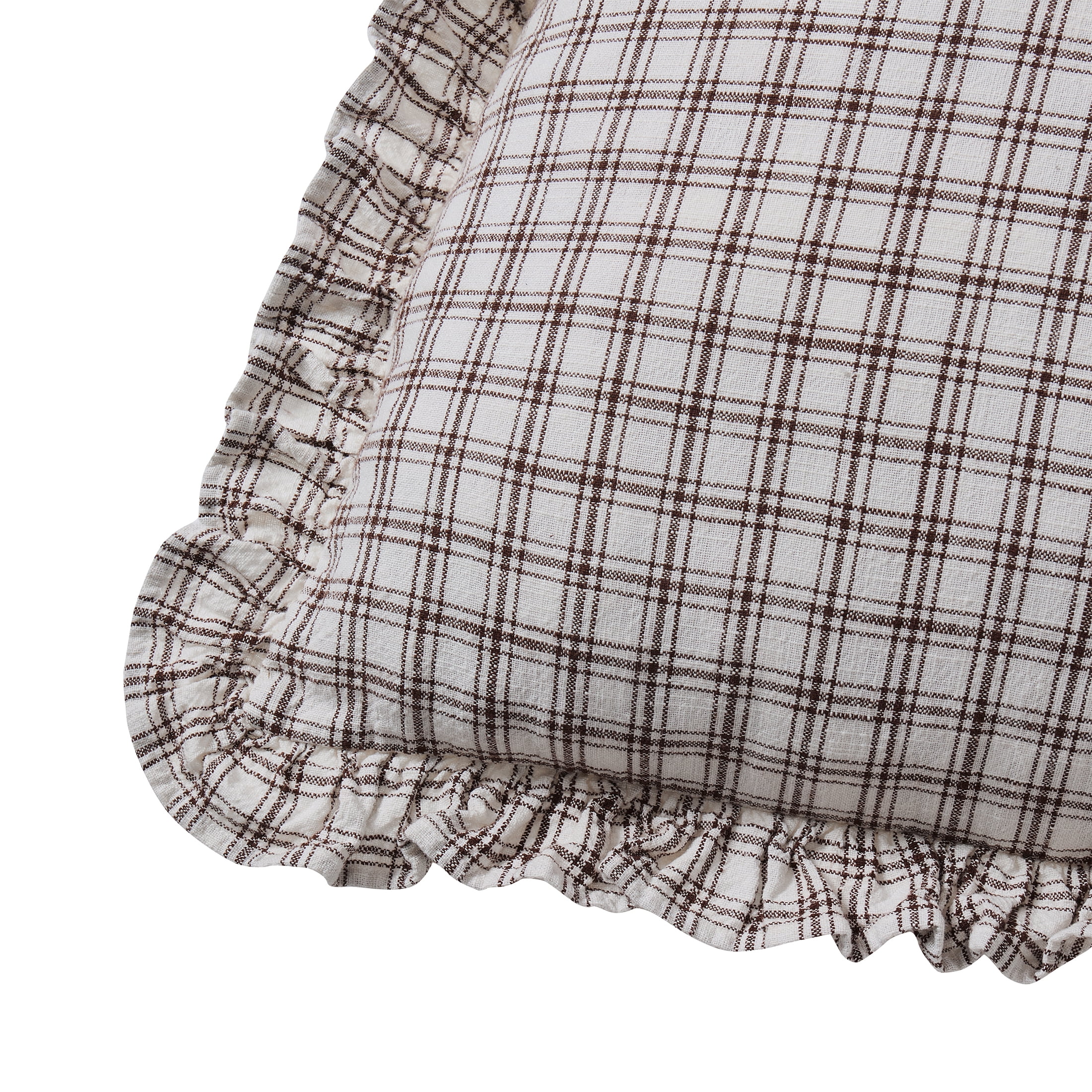 My Texas House 18" x 18" Ivory/Brown Ruffle Plaid Cotton Decorative Pillow