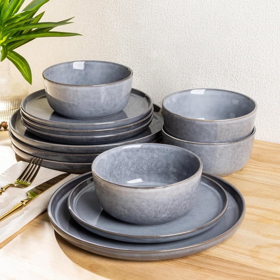 Stoneware Dinnerware Set for 4 People 12-Piece Round Plates and Bowls with Reactive Grey Glaze Dishwasher and Microwave Safe
