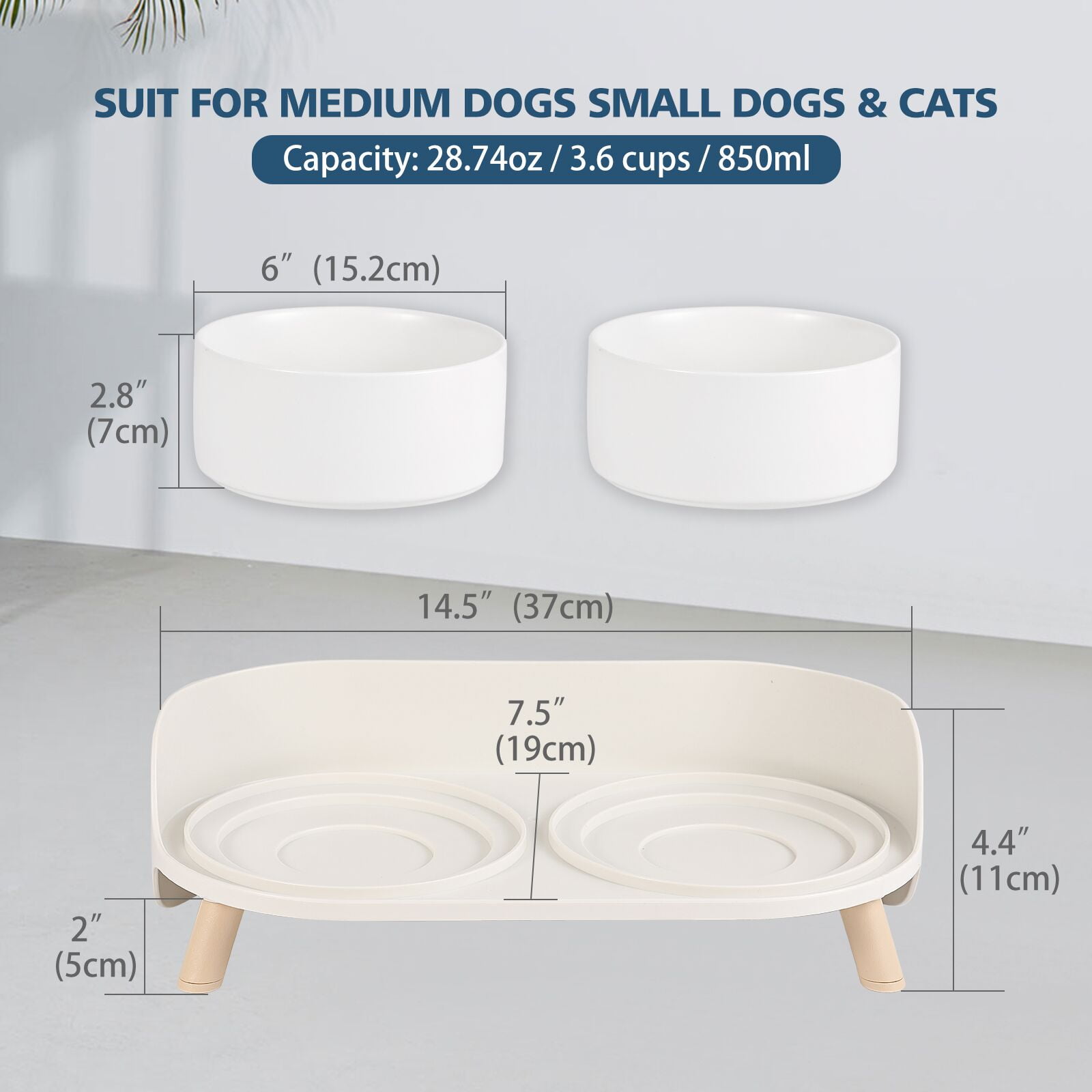 Elevated Dog Food Water Bowl - Raised Ceramic Dog Bowl Set with Non Slip Stand - Double Dog Feeding Bowls for Small to Medium Sized Dogs - 2 x 850 ml - 28.74 oz - White