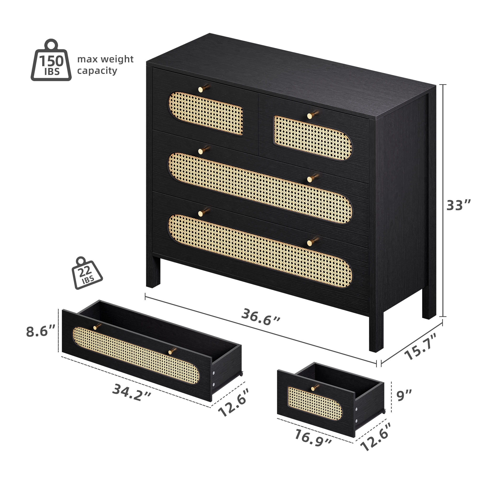 Dextrus 4 Horizontal Drawer Dresser, Wood Storage Cabinet Chest of Drawers, Black Oak